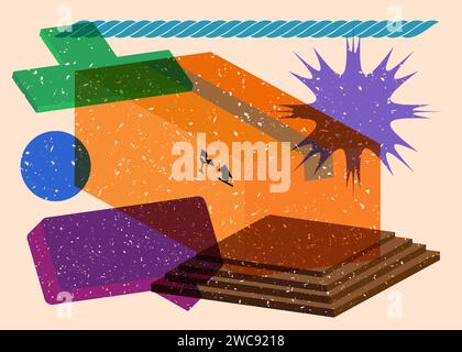 Risograph Cardboard Box with speech bubble with geometric shapes. Objects in trendy riso graph print texture style design with geometry elements. Stock Vector