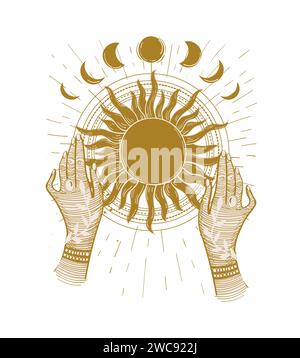Mystical print of hands holding the sun, boho tattoo, astrology illustration, magic symbol. Hand drawn vector isolated on white background Stock Vector