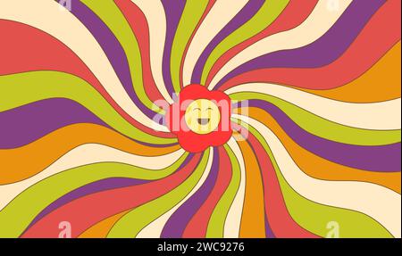 Colorful groovy hippie 70s background. Twisted pattern with smiling flower head. Vector psychedelic abstract fun wallpaper. Retro style design for Stock Vector