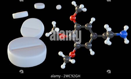 3d rendering of Mescaline structure, often known as peyote, is a phenylethylamine alkaloid is a hallucinogen found in cacti Lophophora williamsii Stock Photo