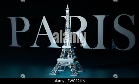 3D rendering of the Eiffel Tower stands tall with word Paris against a black background Stock Photo
