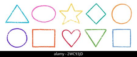 Crayon, chalk kid frame set. Round, square, heart shape hand drawn crayon texture vector color frame element. Chalk, pastel pencil kid craft paint style square, star border. Vector illustration. Stock Vector