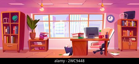 Modern business office interior with view on city skyscrapers through large window, desk with computer and stack of papers and folders, chair and cabinet. Cartoon vector businessman workplace. Stock Vector