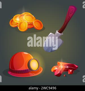 Gold and gemstone mine game icons. Cartoon vector set of gui assets of treasure miner - pile of golden coins and red shiny gems or diamond crystal, shovel with wooden handle and helmet with lamp. Stock Vector