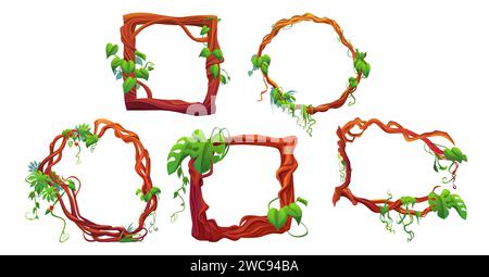 Jungle liana creeping vines with leaves and flowers formed in rectangle and circle frames for game ui design. Cartoon vector set of borders made of rainforest plant branches with tropical greenery. Stock Vector