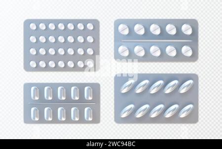 Pills and capsules in foil blister pack mockup. Realistic vector illustration set of medicine in plastic package on transparent background. Template mock up of medical drug tablet in box container. Stock Vector