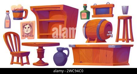Western bar furniture set isolated on white background. Vector cartoon illustration of old wooden pub counter, shelf, chairs and table, alcohol bottles, beer mug, wanted criminal poster, barrel Stock Vector