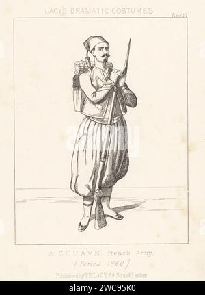 Military uniform of a Zouave, French Army, 1860s. In chechia cap, short jacket, baggy trousers or serouel, gaiters, armed with musket and bayonet. French regiment of Algerian, Berber and French troops. Lithograph from Thomas Hailes Lacy's Male Costumes, Historical, National and Dramatic in 200 Plates, London, 1865. Lacy (1809-1873) was a British actor, playwright, theatrical manager and publisher. Stock Photo