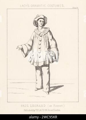 Paul Legrand, French mime, 1816-1898, in costume of his greatest role, Pierrot, commedia dell'arte. White hat, white tunic with large buttons and collar, pants. Lithograph from Thomas Hailes Lacy's Male Costumes, Historical, National and Dramatic in 200 Plates, London, 1865. Lacy (1809-1873) was a British actor, playwright, theatrical manager and publisher. Stock Photo