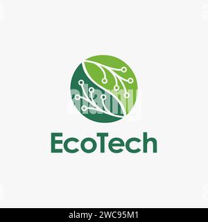 Basic leaf shape with circuit technology logo, simple modern eco tech logo icon vector on white background Stock Vector