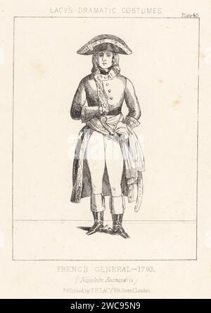 Napoleon Bonaparte, French emperor, 1769-1821. In uniform of a general, French Revolutionary army, 1793. In bicorne, long coat, breeches and boots, with tricolor sash and sabre. Lithograph from Thomas Hailes Lacy's Male Costumes, Historical, National and Dramatic in 200 Plates, London, 1865. Lacy (1809-1873) was a British actor, playwright, theatrical manager and publisher. Stock Photo