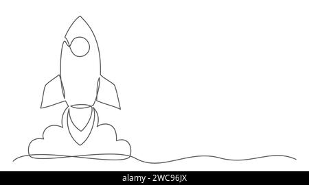 Rocket One line drawing isolated on white background Stock Vector