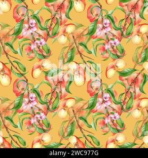 Watercolor branch of peach tree with fruit and flowers seamless pattern isolated on yellow. Fig peaches and leaves painted. Chines peaches hand drawn. Stock Photo