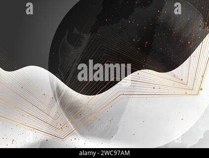 Golden curved lines and shiny dots on black grey grunge wavy background. Vector design Stock Vector