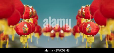 Chinese new year lanterns on blue sky in old town area. Stock Photo