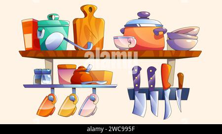 Kitchen shelf with utensils hanging on wall. Vector cartoon illustration of home or restaurant cooking equipment, clean bowls, cups, wooden chopping b Stock Vector
