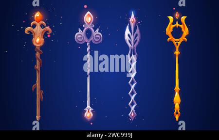 Set of magic wizard staffs isolated on background. Vector cartoon illustration of wooden, silver, golden sticks decorated with yellow gemstone crystal Stock Vector