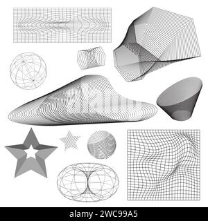 Abstract wireframe figure drawings set isolated on white background. Vector illustration of 3D grid symbols, y2k mesh globe, star, cone, torus, landsc Stock Vector
