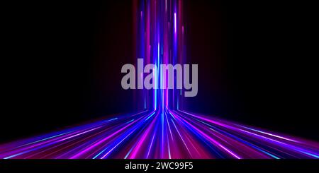 Neon glowing fiber with high speed motion effect. Blue and purple line streaks of data network or energy flow. Realistic vector illustration of modern Stock Vector