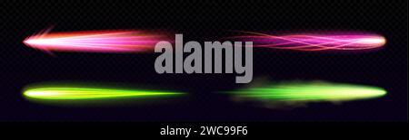 Rocket missile or star falling light vfx effect. Realistic vector illustration of green and pink magic flame with neon glowing tail with particles and Stock Vector
