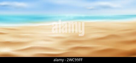 Realistic sea or ocean beach background with sand, water and clouds on sky. Panoramic vector illustration of horizon and shore with sandy texture. Tro Stock Vector