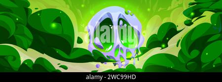 Magic toxic background with green clouds and steam around skull shaped orb or portal with neon glowing plasma. Cartoon game vector illustration of fan Stock Vector