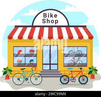 Bike Shop Vector Illustration with Shoppers People Choosing Cycles, Accessories or Gear Equipment for Riding in Flat Cartoon Background Design Stock Vector