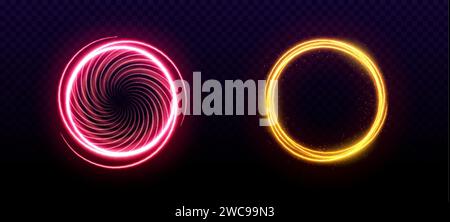 Magic neon light circle portal with glow effect. Ring line spark flare frame with shine. Isolated red and gold abstract radiant luminous swirl design. Stock Vector