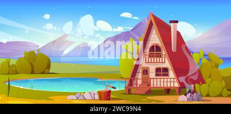 Panoramic summer landscape with wooden hut and campfire on shore of lake near rocky mountains. Cartoon vector illustration of wood cottage near water Stock Vector