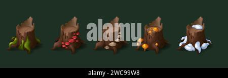 Forest stumps set isolated on background. Vector cartoon illustration of part of cut old tree covered with neon color poisonous mushrooms, green moss, Stock Vector