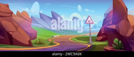 Empty winding road in mountains with green grass, traffic sign and clouds on sunny sky. Cartoon vector illustration of summer day landscape with rocky Stock Vector