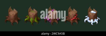 Forest stumps set isolated on background. Vector cartoon illustration of part of cut old tree covered with neon color poisonous mushrooms, green moss, Stock Vector