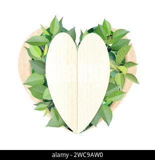 Heart shape hole and green leaves on cardboard texture. Isolated on white background. Recycled carton material. Ecology and zero waste concept. Copy s Stock Photo