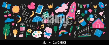 Colorful daycare doodle elements. Unicorn, hopscotch, toys, crown, umbrella, house, tree and other elements. Stock Vector