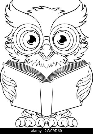 Wise Old Owl Cartoon Cute Character Reading Book Stock Vector