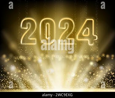 Banner Happy New Year 2024 shining light sparkles background Stock Vector