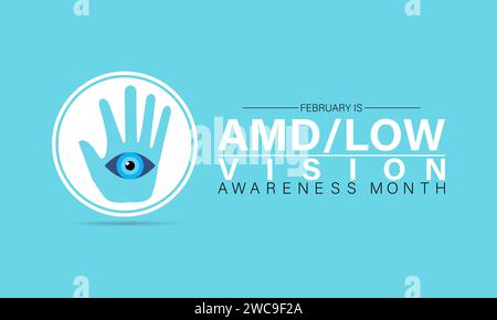 Amd/low vision awareness month observed every year in month of february. Vector health banner, poster, template design. Stock Vector