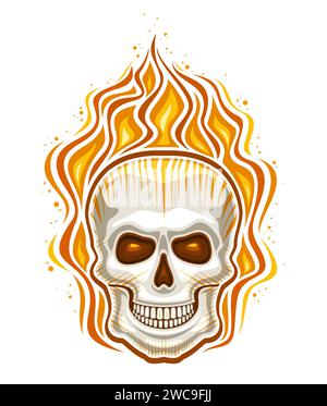Vector logo for Flaming Skull, decorative badge with illustration of horrible flamy skull with glowing eyes, retro cartoon design style of orange burn Stock Vector