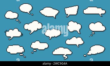 8 bit pixel art dialogue box and speech bubbles, vector cartoon icons for text chat. Message clouds for 8bit pixel game or retro art, speech balloons and dialog speak or talk bubble banners for quotes Stock Vector