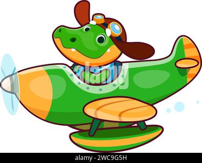 Cartoon cute crocodile animal character on plane. Adorable alligator kid flying on propeller airplane, cute crocodile pilot sitting in plane isolated vector personage. Funny animal on vintage aircraft Stock Vector