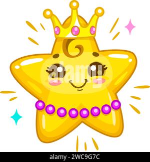 Cartoon cute twinkle, funny star, kawaii emoji character. Twinkle baby princes in golden crown and jewelry necklace isolated vector childish personage. Kawaii star queen funny mascot Stock Vector