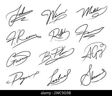 Autograph or business signatures pack set of pen handwritten names, isolated vector. Document signatures or handwriting personal name letters and surname for facsimile or business letter signature Stock Vector