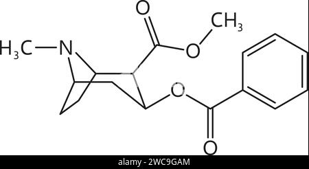 Cocaine drug molecule formula and chemical structure, synthetic or organic drugs vector model. Molecular structure and chemical formula of cocaine drug or narcotic substance for medicine and pharmacy Stock Vector