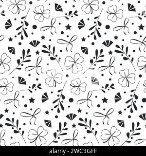 Seamless Pattern with clover, herbal branch and bows. Vector illustration on white background with shamrock Stock Vector
