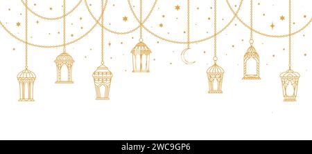Eid Mubarak or ramadan kareem arabian lamp lanterns. Islamic vintage kerosene lights, muslim ramadan karem old lanterns linear vector background with Middle East antique gas lamps hanging on chains Stock Vector