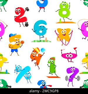 Cartoon number sportsman characters seamless pattern. Cute math education personages doing sport exercises vector background. Happy digits with balls, dumbbells, yoga mat, barbell and jumping rope Stock Vector