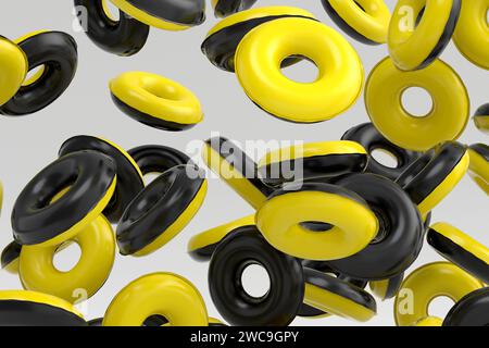 Many of flying inflatable ring for swimming pool isolated on white background. 3d render of summer vacation concept and holidays Stock Photo