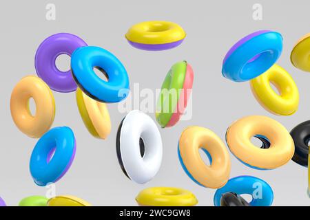 Many of flying inflatable ring for swimming pool isolated on white background. 3d render of summer vacation concept and holidays Stock Photo