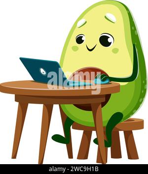 Cartoon avocado character with notebook. Childish avocado personage sitting at desk, working, learning or watching online content on laptop. Tropical fruit kid vector funny personage using computer Stock Vector