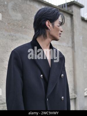 Shuzo street style outfit after Prada fashion show, during Milano fashion week man collections 2024 Stock Photo